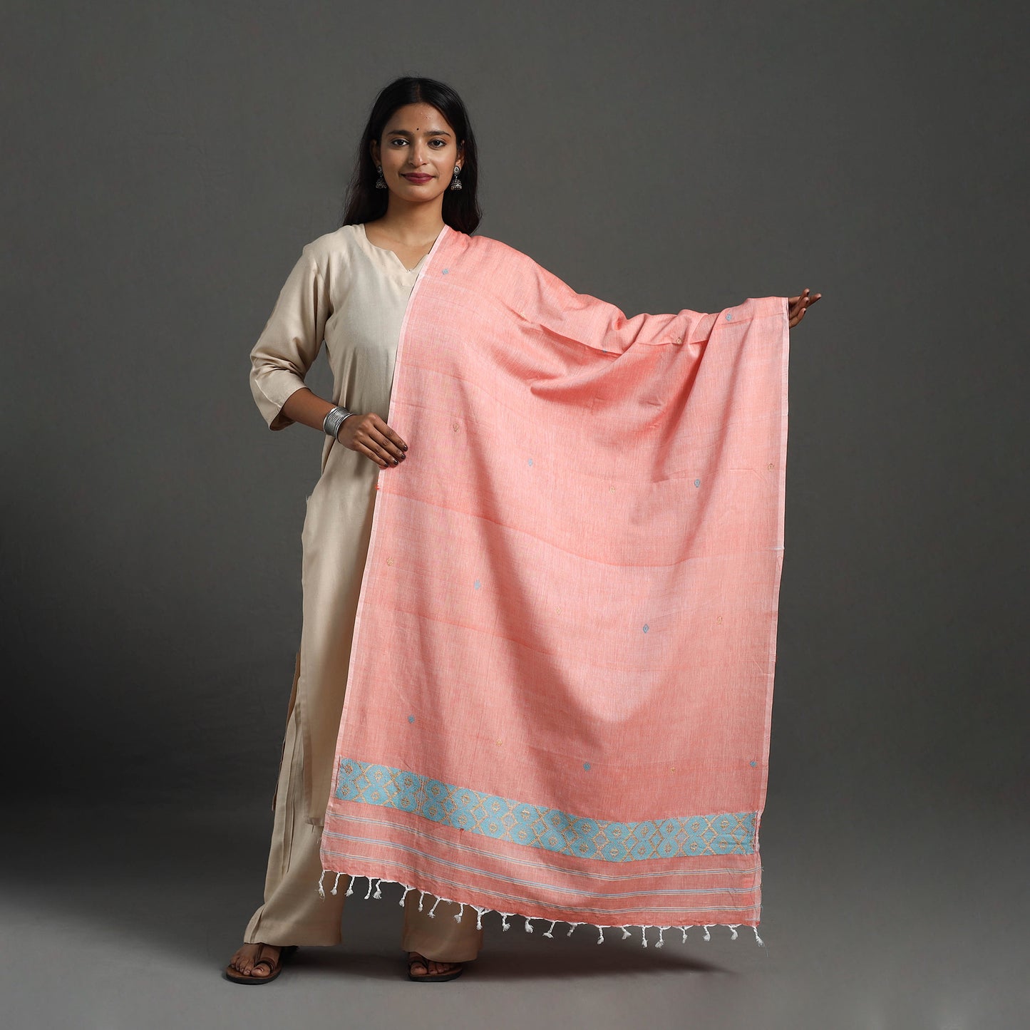 Peach - Assam Weave Thread Buti Cotton Handloom Dupatta 03