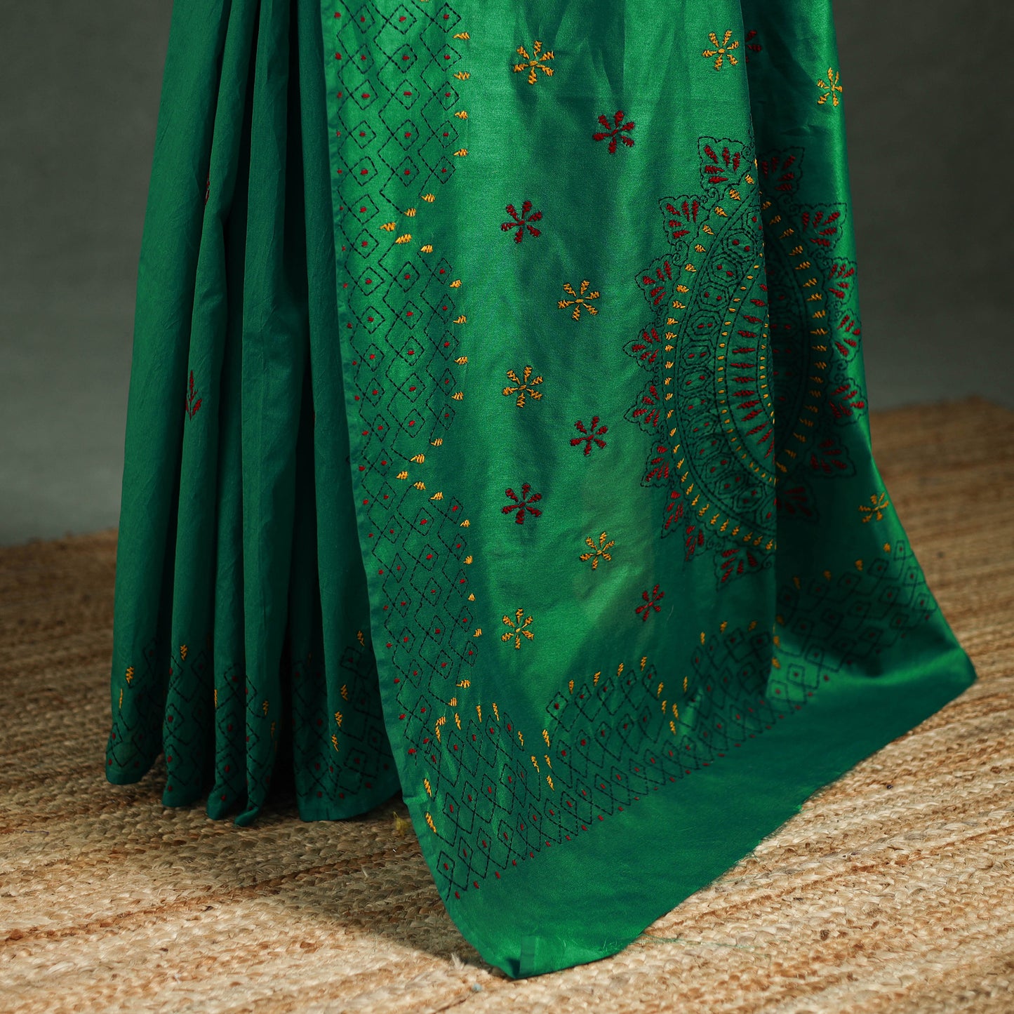 Green - Bengal Nakshi Kantha Hand Embroidered Silk Saree 42