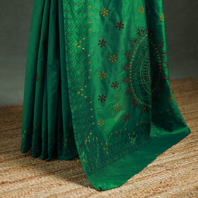 Green - Bengal Nakshi Kantha Hand Embroidered Silk Saree 42