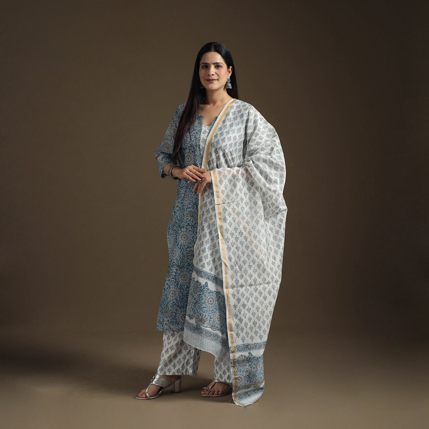 Sequin Work Sanganeri Hand Block Print Chanderi Silk Suit Set with Dupatta for Women 13