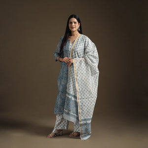 Sequin Work Sanganeri Hand Block Print Chanderi Silk Suit Set with Dupatta for Women 13