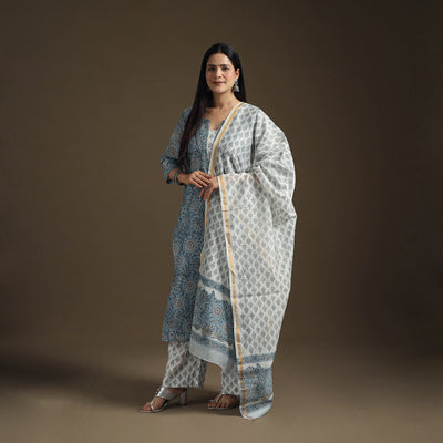Sequin Work Sanganeri Hand Block Print Chanderi Silk Suit Set with Dupatta for Women 13