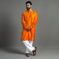 Light Orange - Plain Dyed Slub Silk Men Long Kurta