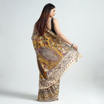 Beige - Kalamkari Printed Cotton Saree with Blouse Piece 21