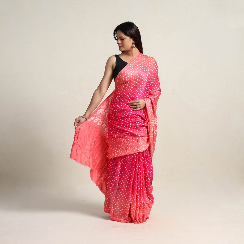 Pink - Kutch Tie-Dye Gajji Silk Bandhani Saree with Blouse Piece 15