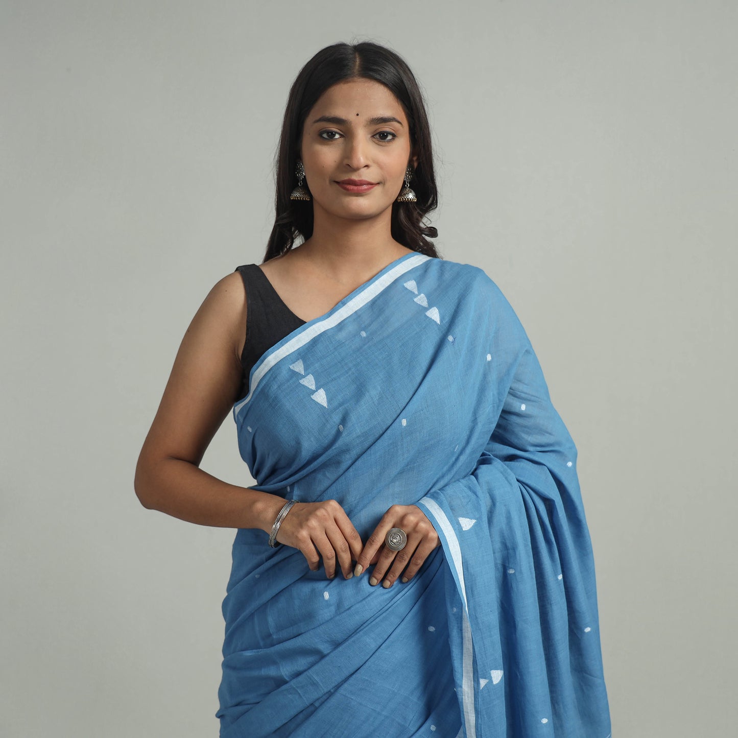 Blue - Handloom Cotton Phulia Jamdani Saree with Tassels 01