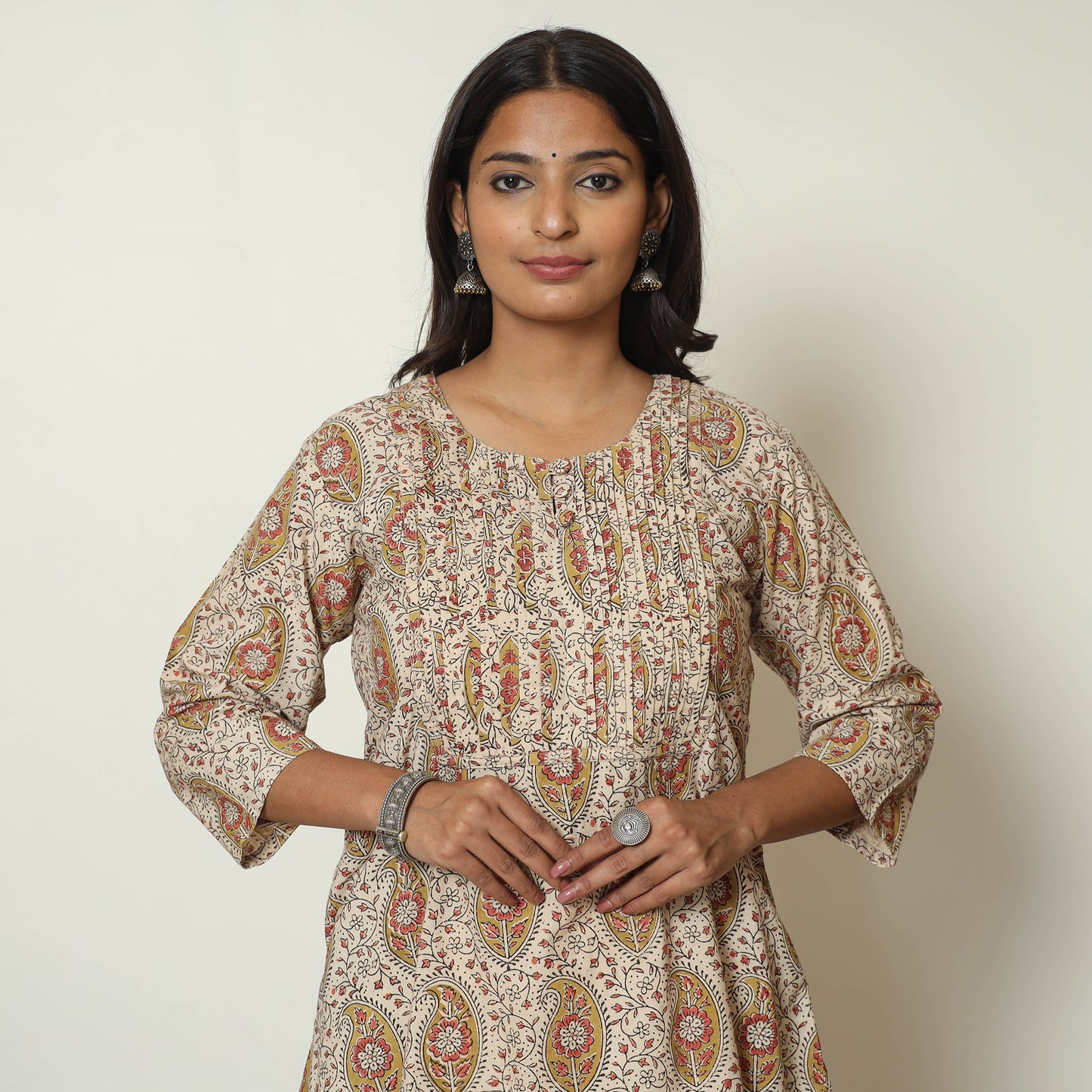 Beige - Pedana Kalamkari Hand Block Printed Cotton Pintuck A-Line Kurta 57