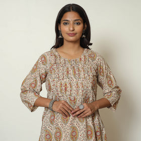 Pedana Kalamkari Block Print Cotton Pintuck Kurta For Women