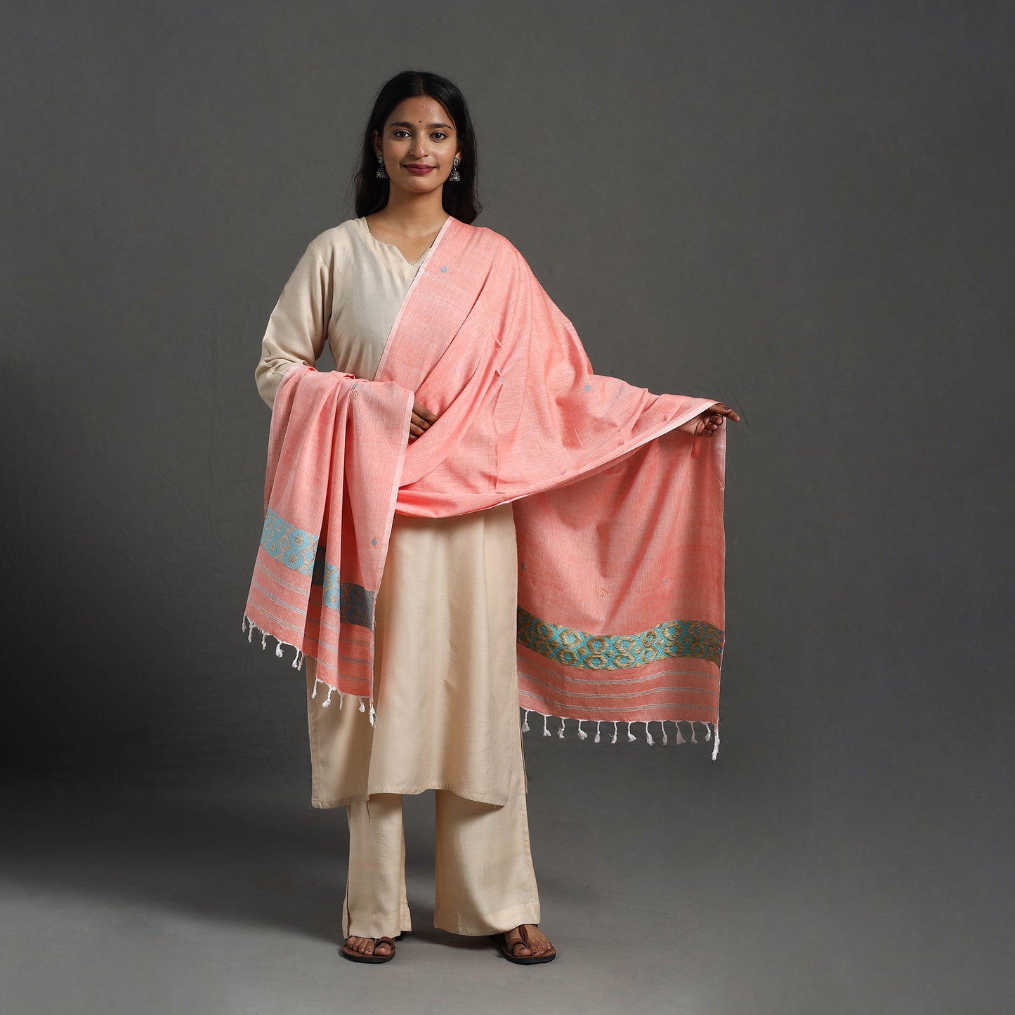 Peach - Assam Weave Thread Buti Cotton Handloom Dupatta 03