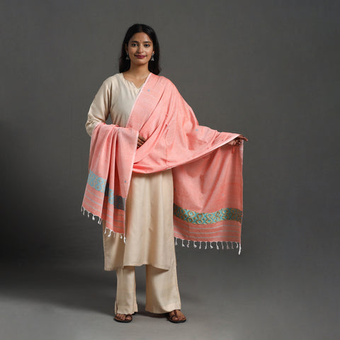 Peach - Assam Weave Thread Buti Cotton Handloom Dupatta 03