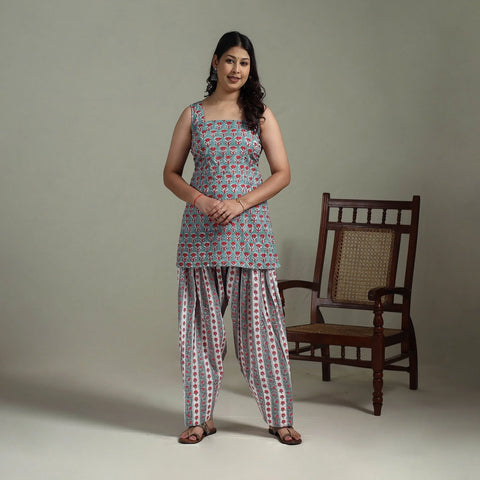 Sanganeri Hand Block Print Cotton Short Kurta with Farshi Salwar Set for women 07