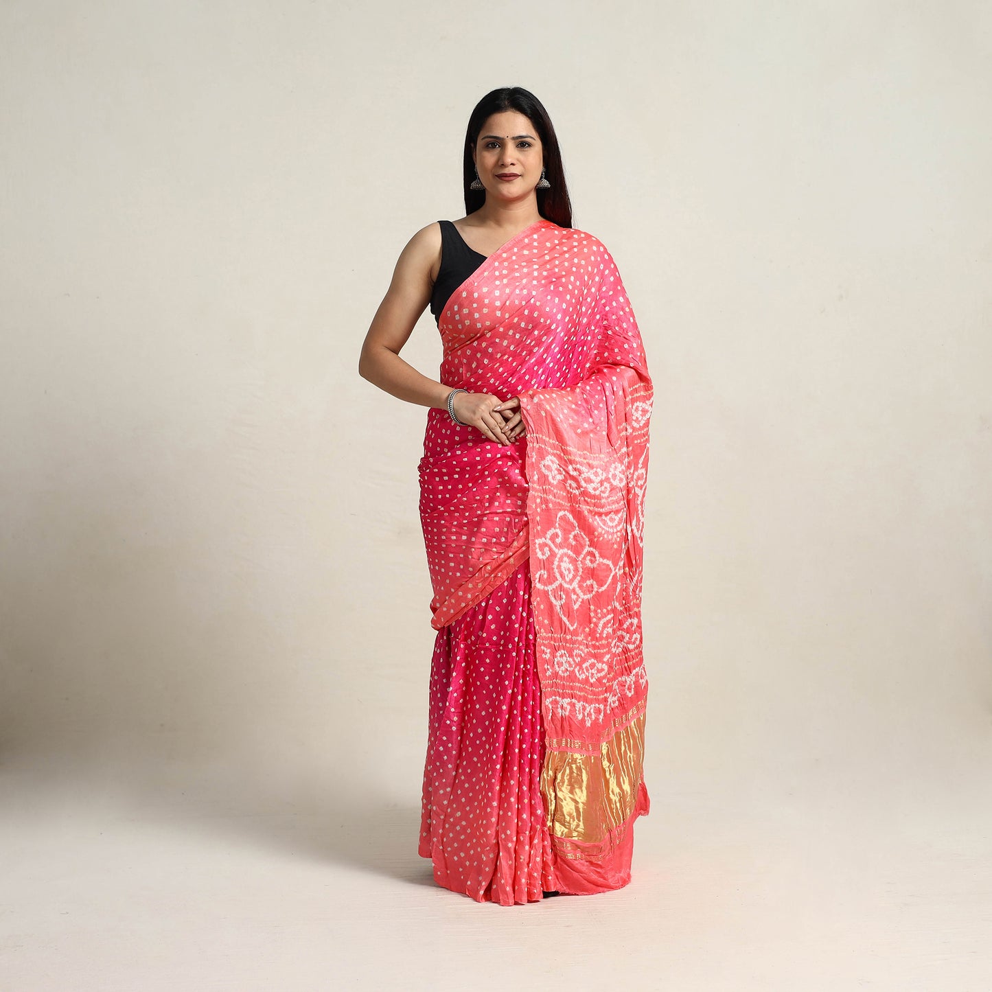 Pink - Kutch Tie-Dye Gajji Silk Bandhani Saree with Blouse Piece 15