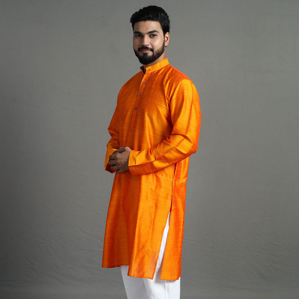 Light Orange - Plain Dyed Slub Silk Men Long Kurta