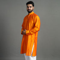 Light Orange - Plain Dyed Slub Silk Men Long Kurta