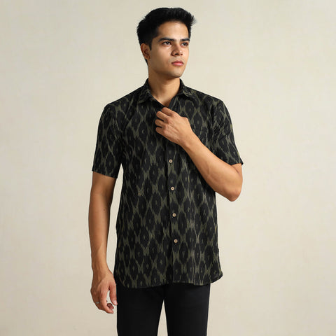 Black - Pochampally Ikat Weave Cotton Men Half Sleeve Shirt 10