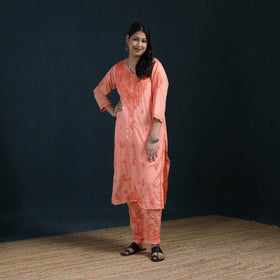 Peach - Hand Embroidered Rayon Cotton Chikankari Kurta with Pant Set for Women 14