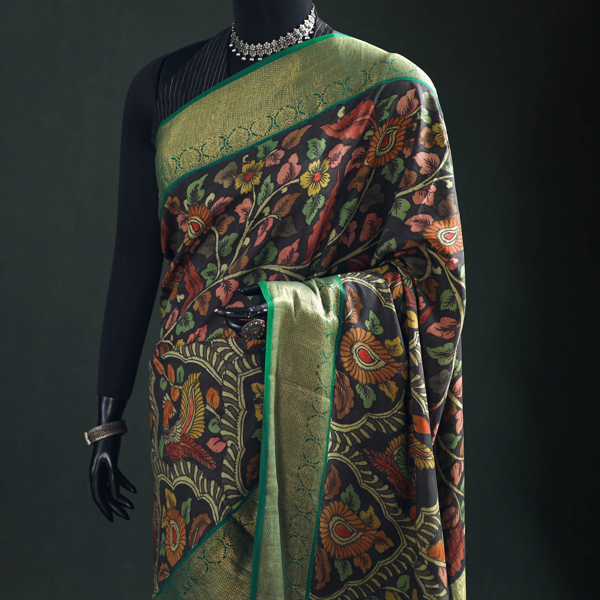 Kanjeevaram Pure Handloom Mulberry Silk Handpainted Srikalahasti Pen Kalamkari Saree with Zari Work 21