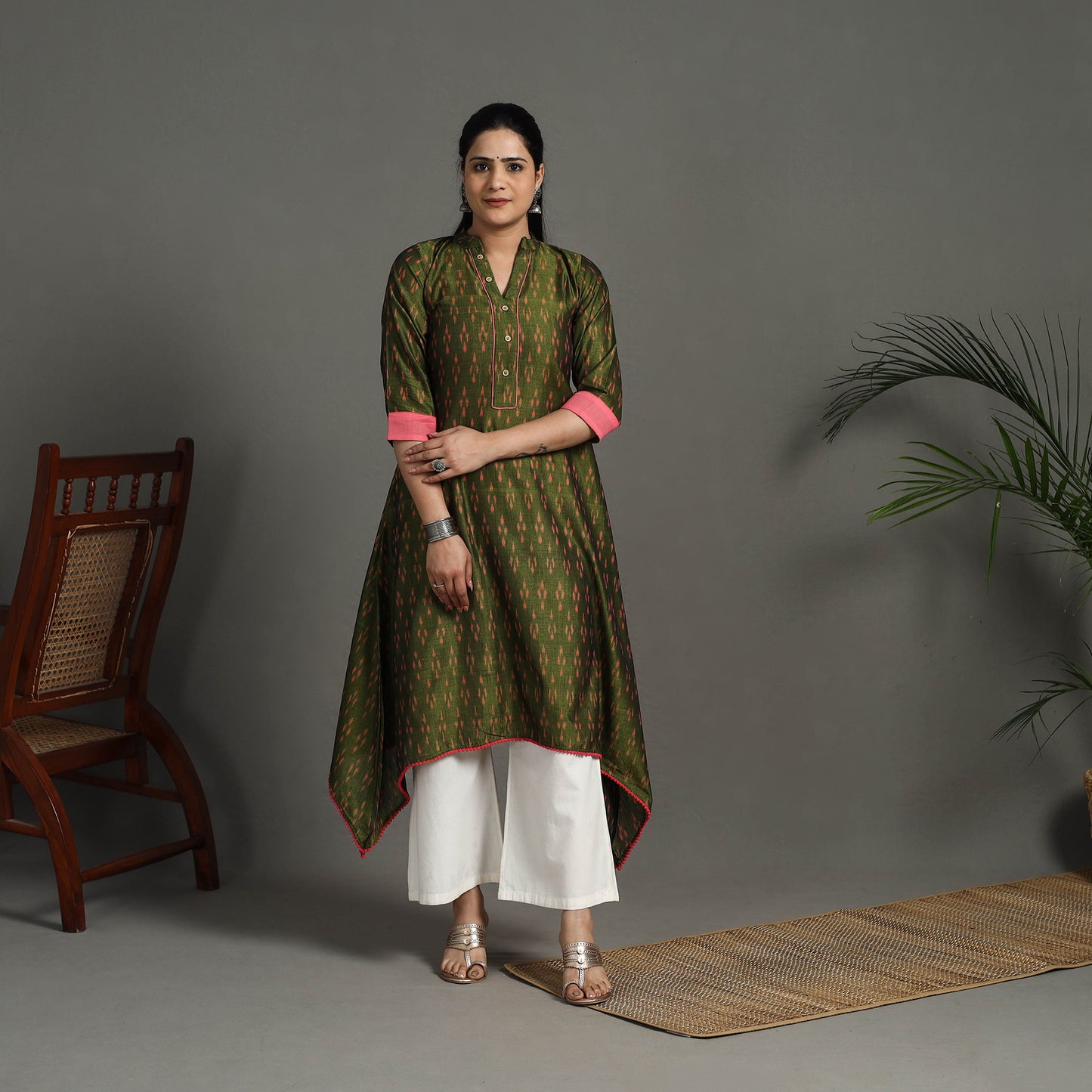 Buy Green Mercerised Cotton A-Line Pochampally Ikat Kurta
