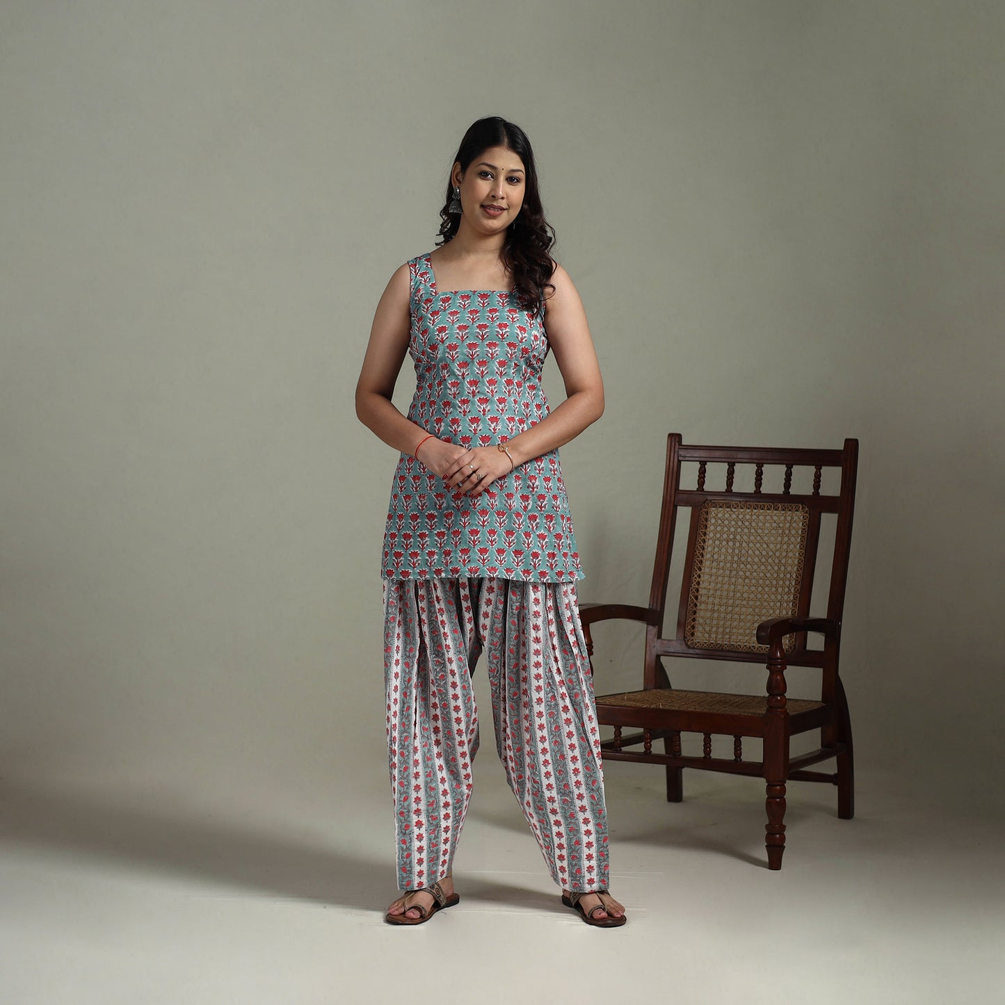 Sanganeri Hand Block Print Cotton Short Kurta with Farshi Salwar Set for women 07