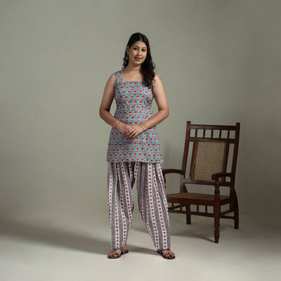 Sanganeri Hand Block Print Cotton Short Kurta with Farshi Salwar Set for women 07