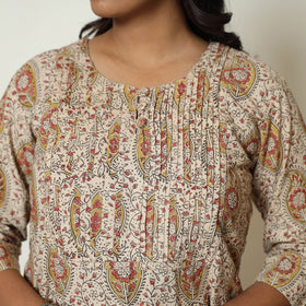 Pedana Kalamkari Block Print Cotton Pintuck Kurta For Women