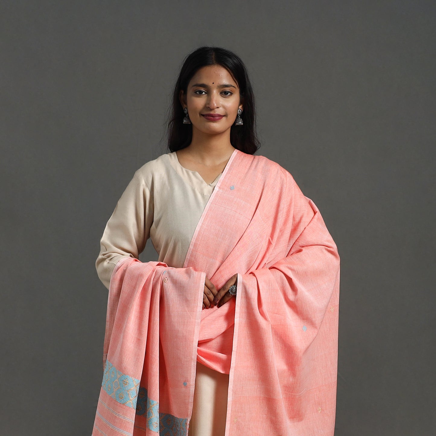 Peach - Assam Weave Thread Buti Cotton Handloom Dupatta 03