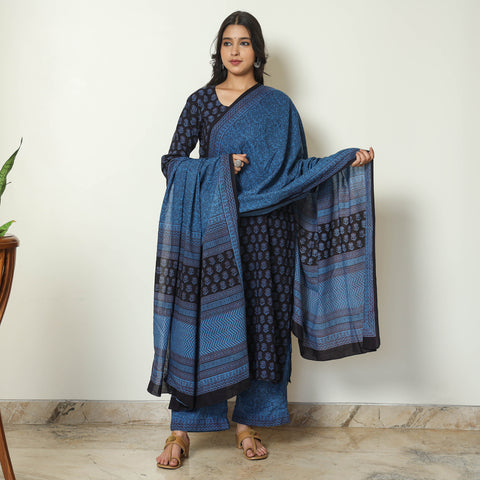 Blue - Bagh Block Printed Cotton Kurta with Palazzo & Dupatta Set 19