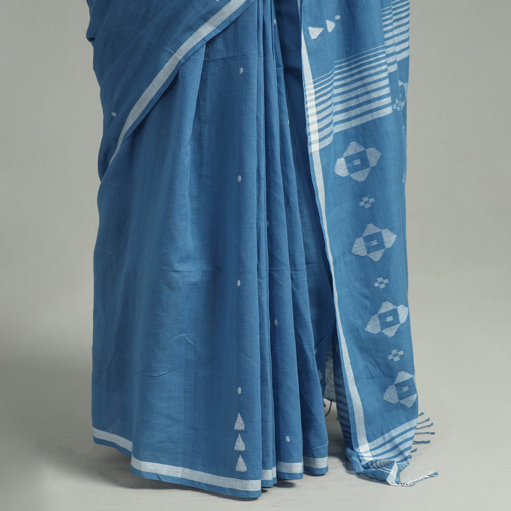 Blue - Handloom Cotton Phulia Jamdani Saree with Tassels 01