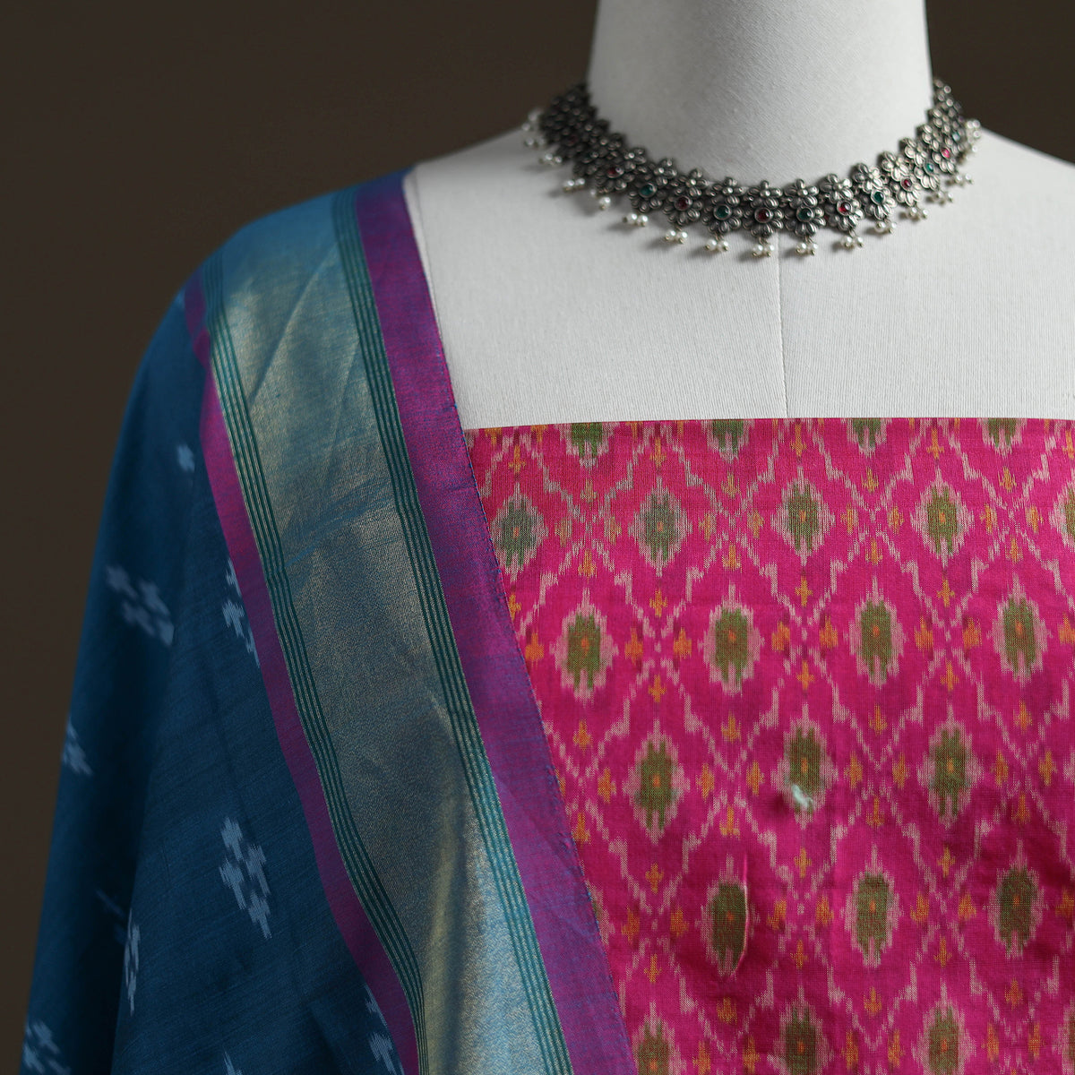 Pochampally Ikat Handloom Sico Unstitched Dress Material: Kurta with Dupatta 23