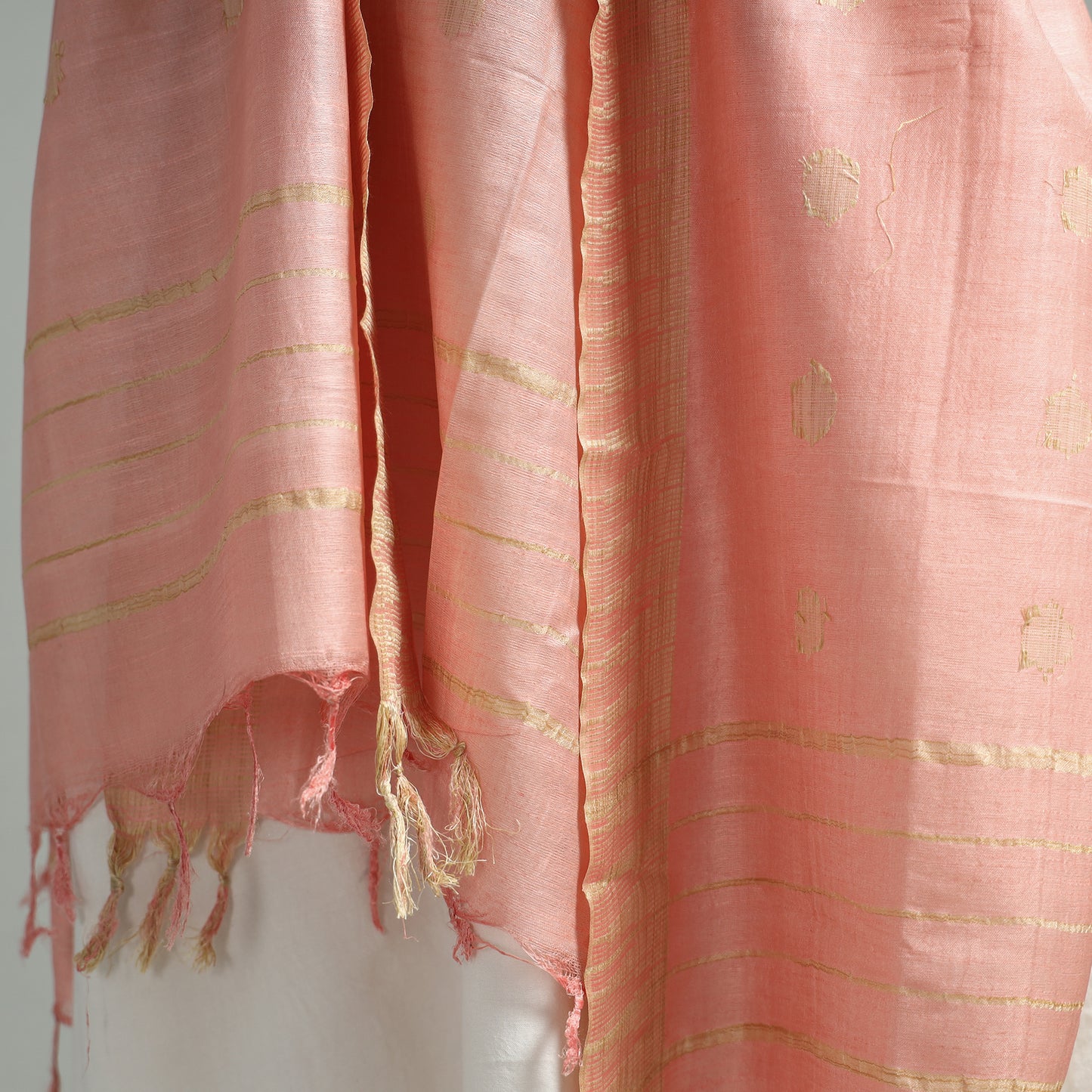 Dark Peach Jamdani Buti Mulberry Silk Handloom Dupatta with Tassels 31