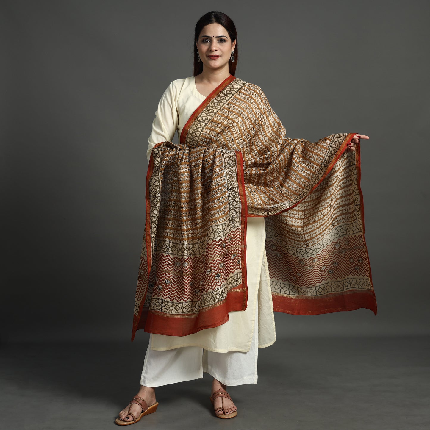 Brown - Bagru Kalamkari Block Printed Chanderi Silk Dupatta with Zari Border 137