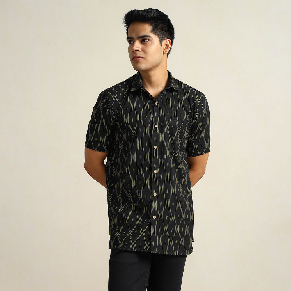 Black - Pochampally Ikat Weave Cotton Men Half Sleeve Shirt 10