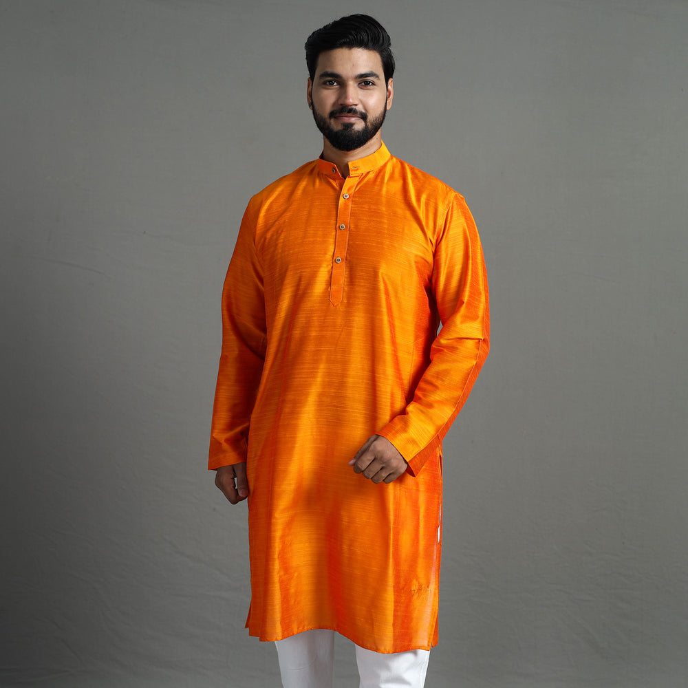 Light Orange - Plain Dyed Slub Silk Men Long Kurta