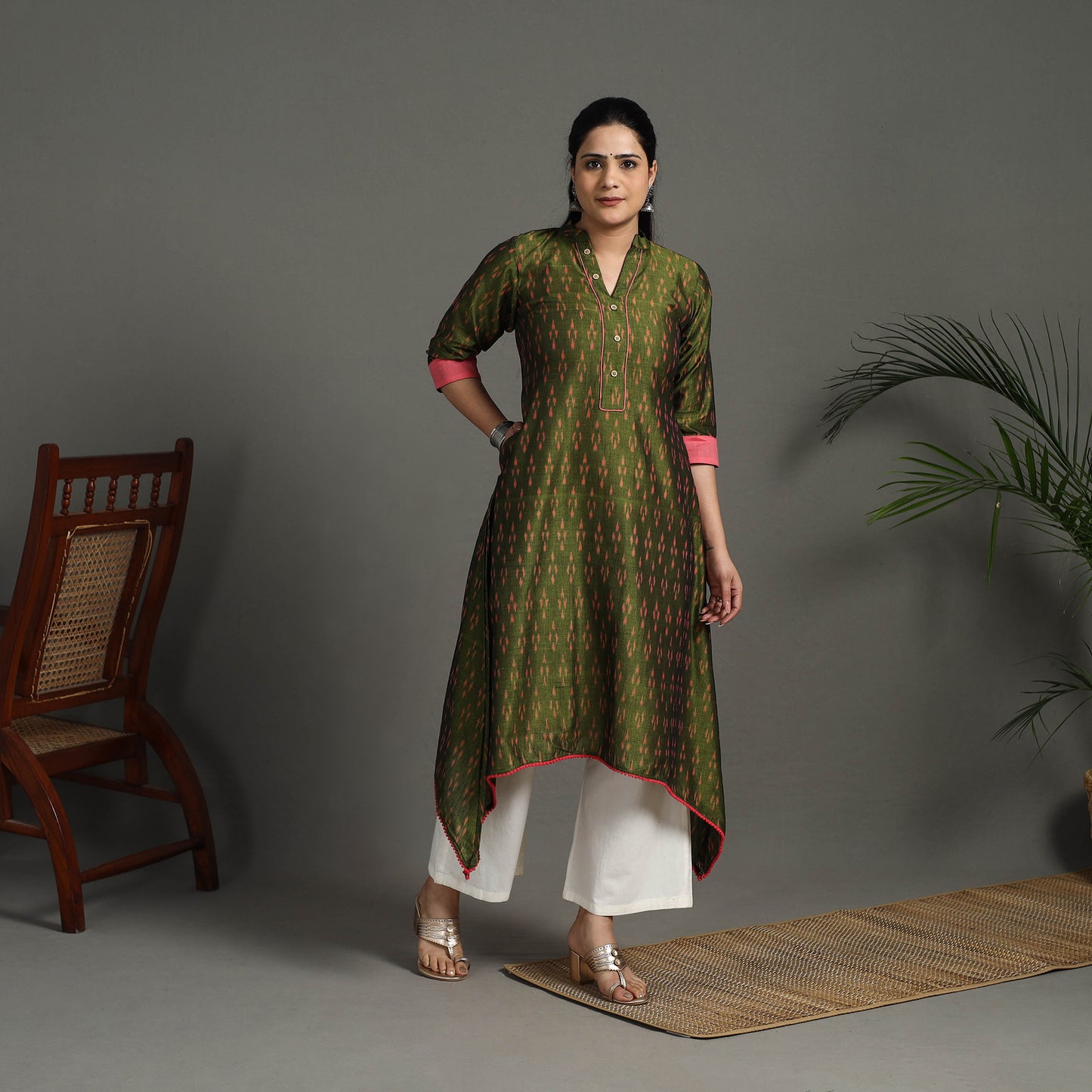 Buy Green Mercerised Cotton A-Line Pochampally Ikat Kurta