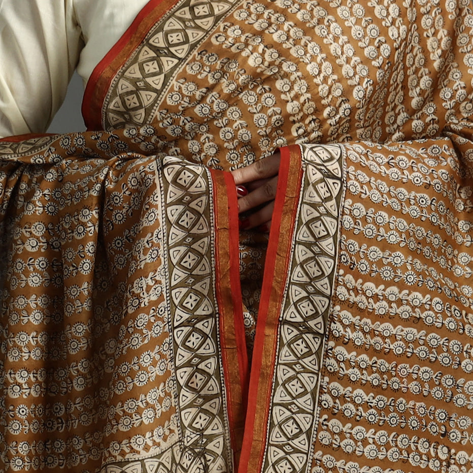 Brown - Bagru Kalamkari Block Printed Chanderi Silk Dupatta with Zari Border 137