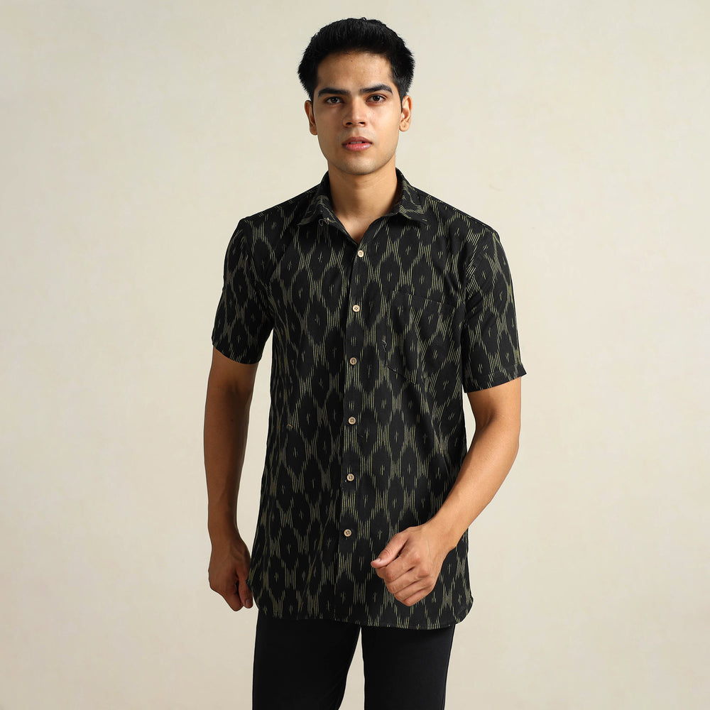 Black - Pochampally Ikat Weave Cotton Men Half Sleeve Shirt 10