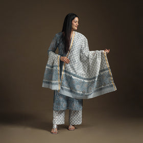 Sequin Work Sanganeri Hand Block Print Chanderi Silk Suit Set with Dupatta for Women 13