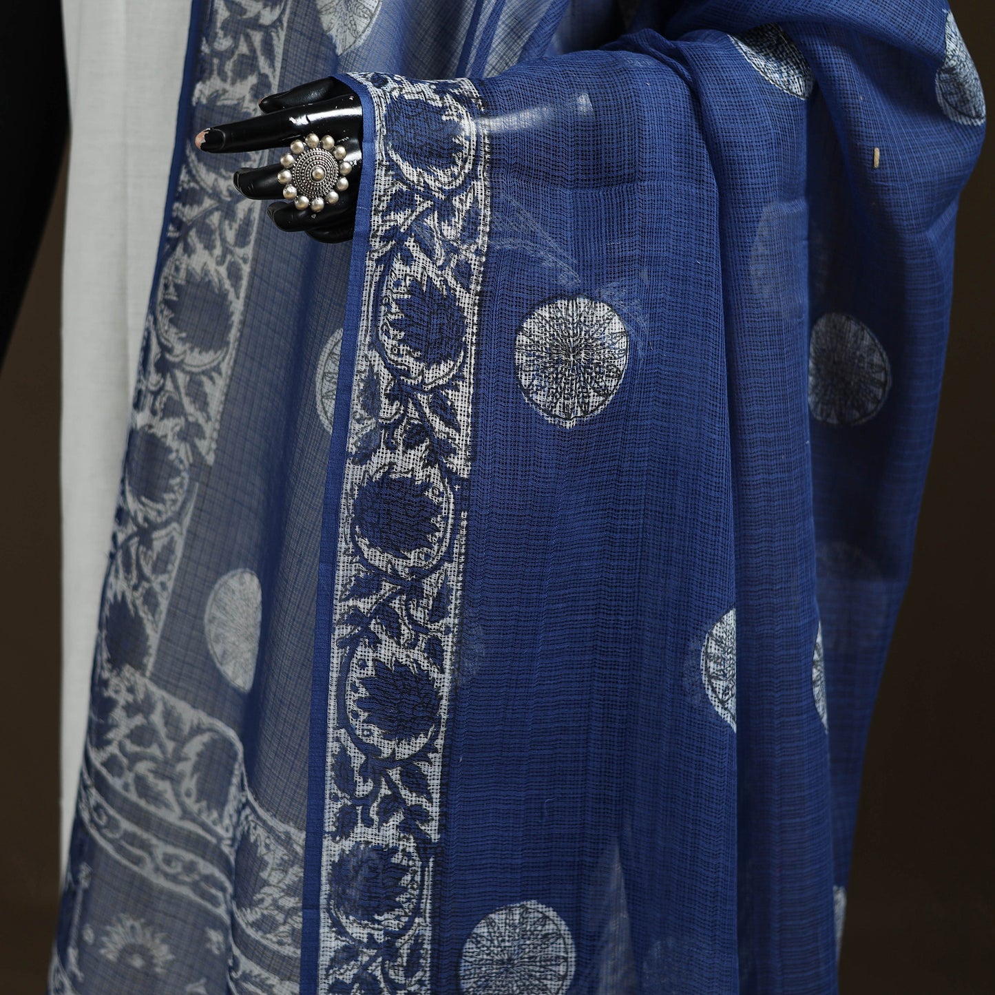 Blue - Akola Hand Block Print Natural Dyed Kota Doria Cotton Dupatta 33