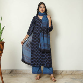 Blue - Bagh Block Printed Cotton Kurta with Palazzo & Dupatta Set 19
