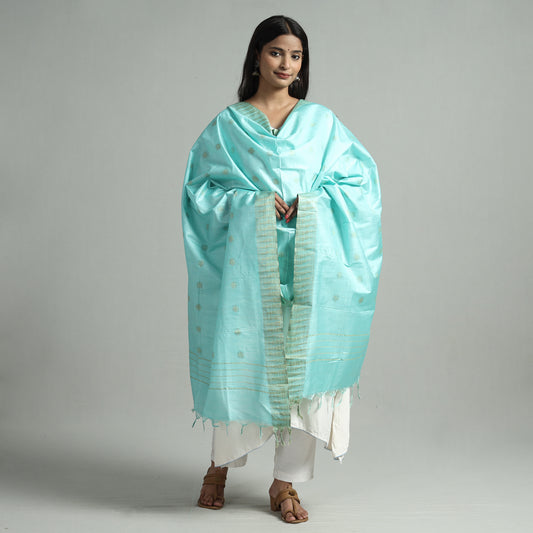 Green - Aqua Blue Jamdani Buti Mulberry Silk Handloom Dupatta with Tassels 32