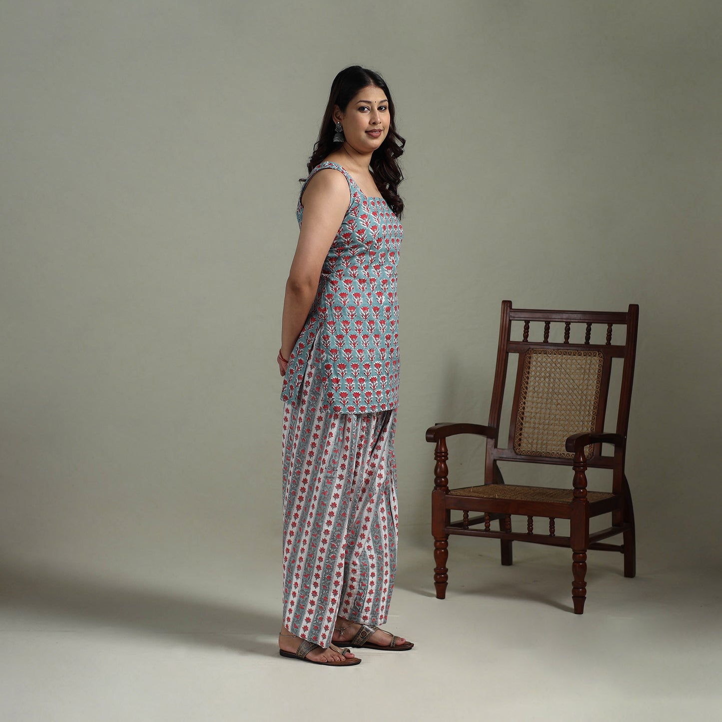 Sanganeri Hand Block Print Cotton Short Kurta with Farshi Salwar Set for women 07