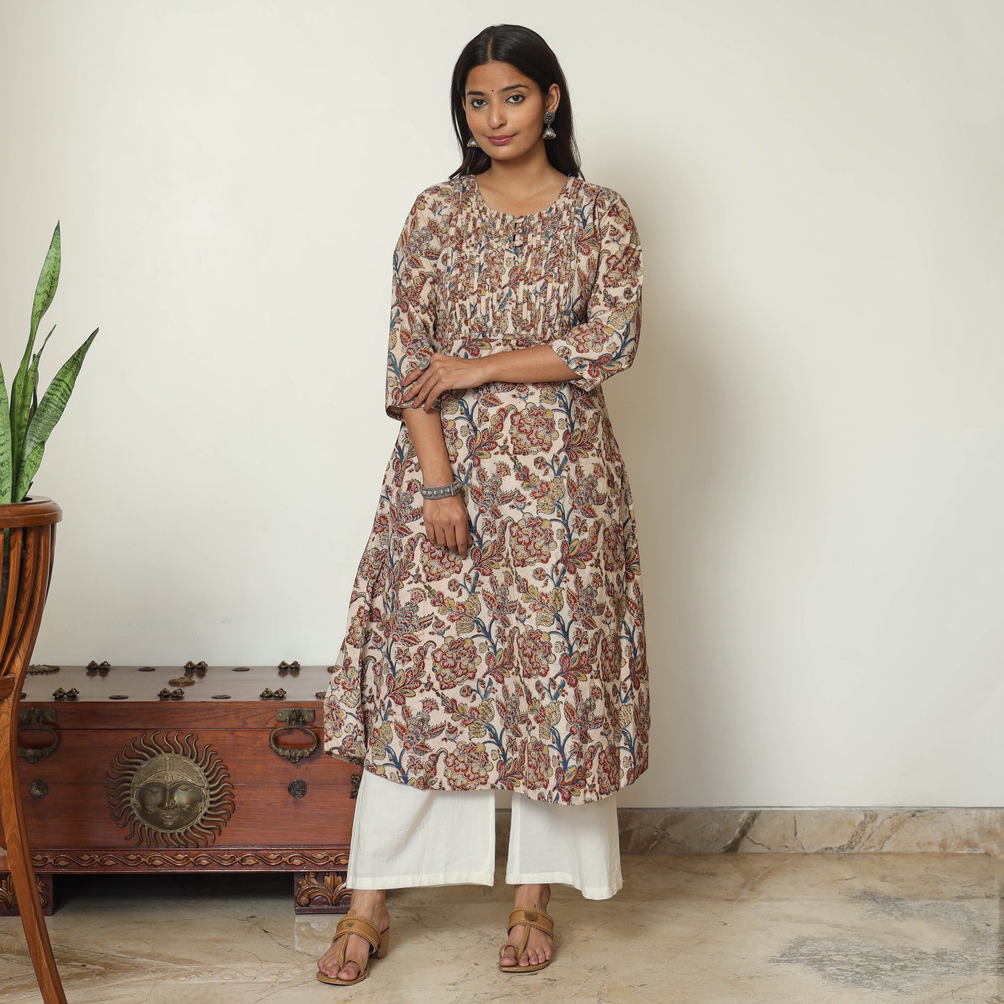 Beige - Pedana Kalamkari Hand Block Printed Cotton Pintuck A-Line Kurta 59