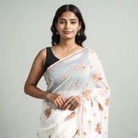 White - Kashidakari Hand Embroidery Pure Kota Silk Saree with Zari Border 04