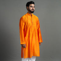 Light Orange - Plain Dyed Slub Silk Men Long Kurta