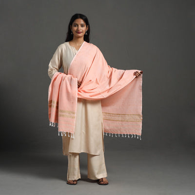 Peach - Assam Weave Thread Buti Cotton Handloom Dupatta 04