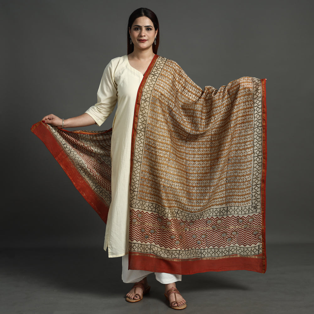 Brown - Bagru Kalamkari Block Printed Chanderi Silk Dupatta with Zari Border 137