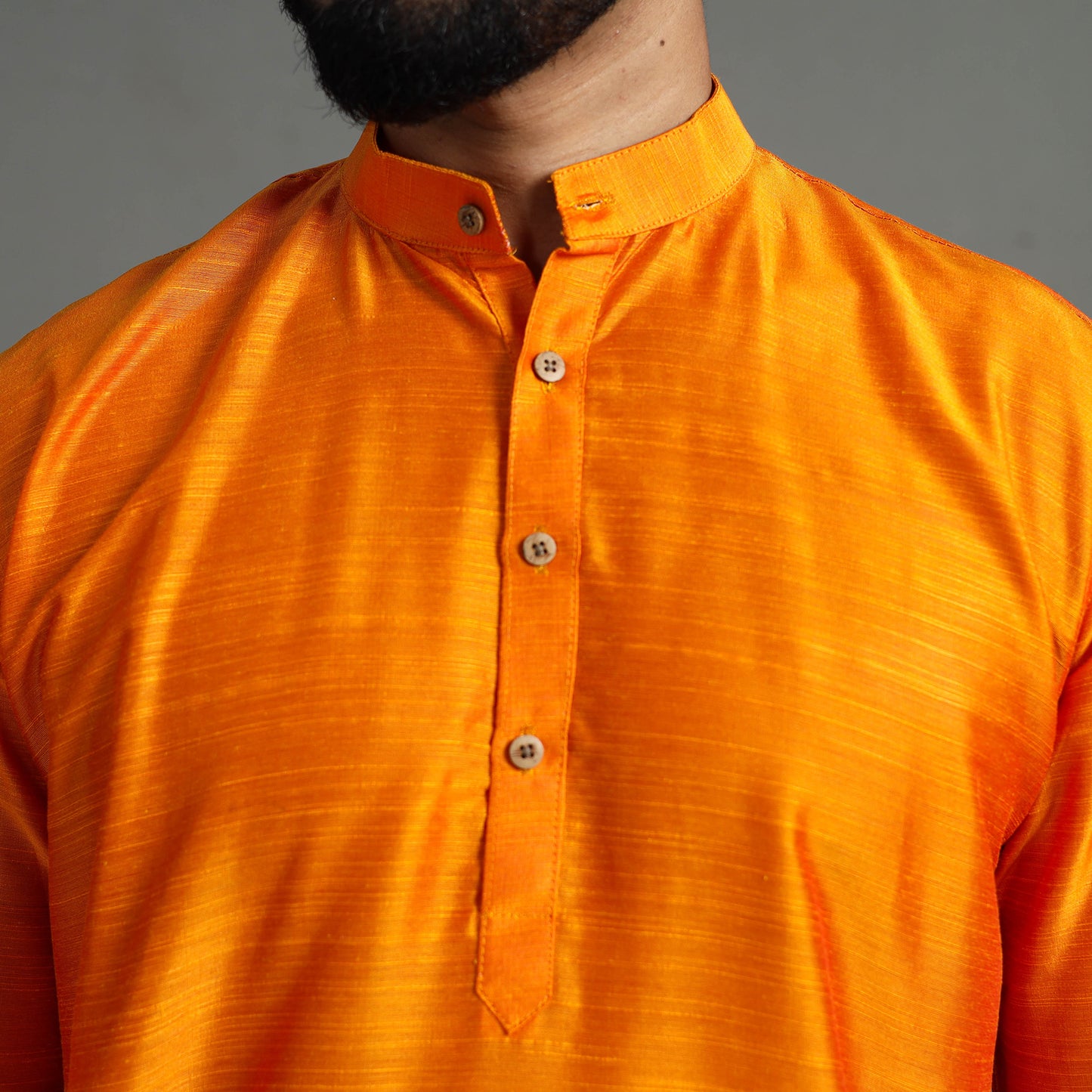 Light Orange - Plain Dyed Slub Silk Men Long Kurta