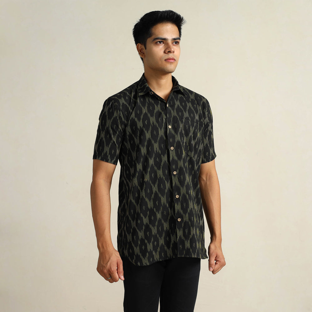 Black - Pochampally Ikat Weave Cotton Men Half Sleeve Shirt 10