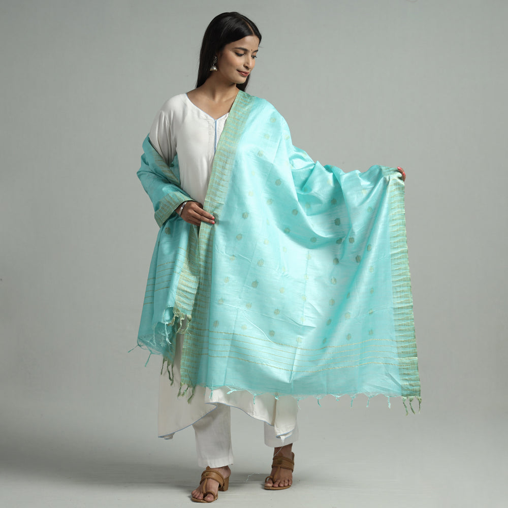 Blue - Jamdani Buti Mulberry Silk Handloom Dupatta with Tassels 32