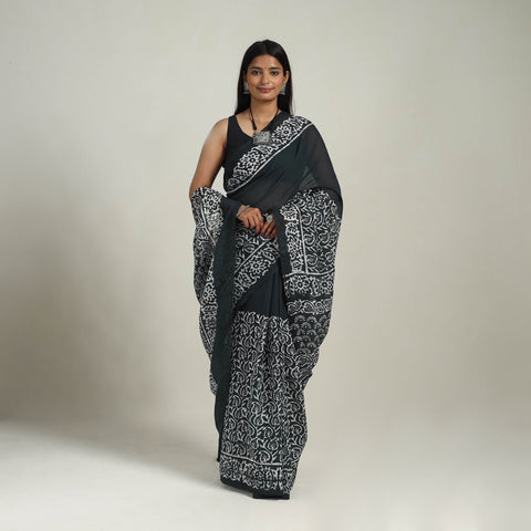 Black  - Cotton Hand Batik Print Saree 03